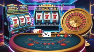 Casino table with slots, roulette, and blackjack