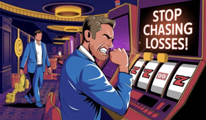 Frustrated man losing at slots with warning sign