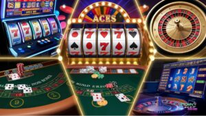 Game Selection at Uptown Aces
:
"A collage of casino games including slot machines with animated reels, a blackjack table with cards and chips, a roulette wheel spinning, and a video poker screen displaying a winning hand. The scene is illuminated with dynamic lights, showcasing the variety of games available at Uptown Aces Casino