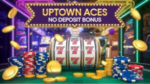 A vibrant casino scene with neon lights, a spinning slot machine showing a winning combination (777), poker chips stacked high, and golden coins flying in the air. A stylish banner at the top displays 'Uptown Aces No Deposit Bonus' in bold, eye-catching letters. The background showcases a luxurious casino ambiance with bright colors and a hint of celebration