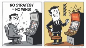 Mistake #5: Having No Strategy 🔹 Prompt: "A gambler playing slots randomly, looking confused, with text above saying 'No Strategy = No Wins!' Next to them, a player with a strategy checklist is confidently spinning, hitting a win with a smile.