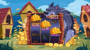 Hard Hat Free Spins Bonus (Bonus Feature in Action) Prompt: A dynamic and exciting image of the Huff N' Puff Slot Machine bonus round