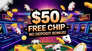 A vibrant casino-themed featured image for a blog about a '$50 Free Chip No Deposit Bonus'. The image should showcase a lively online casino interface with slot machines, poker chips, golden coins falling, and a bold text overlay reading '$50 FREE CHIP - NO DEPOSIT BONUS!'. Bright, colorful lights and a sense of excitement should dominate the design, with a digital casino ambiance and a glowing jackpot effect in the background