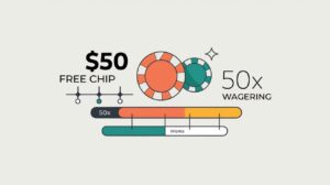 Wagering Requirement Guide Image 💡 Prompt: "A clean and modern infographic explaining wagering requirements for a $50 Free Chip No Deposit Bonus. The design includes casino chips, a percentage icon, a progress bar showing ‘50x Wagering’, and a money withdrawal icon. The colors are bright and engaging, making it easy for players to understand how wagering works