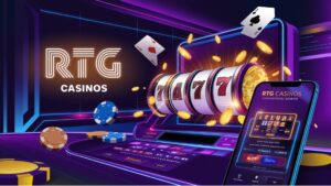 A high-quality featured image for a blog about RTG Casinos and SpinLogic Gaming. The image should include:

A visually appealing casino theme with slot machines, poker chips, and playing cards.
A glowing 'RTG Casinos' and 'SpinLogic Gaming' logo in a futuristic font.
A jackpot-winning moment with golden coins bursting out of a slot machine.
A sleek, modern casino background with neon lights and a dark aesthetic.
A mobile phone displaying an RTG casino game, emphasizing mobile gaming compatibility.
The image should be vibrant, engaging, and convey excitement and security in online gaming.