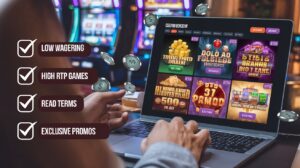 Tips to Maximize No Deposit Bonuses Prompt: A casino strategy concept image showing a player looking at a laptop screen displaying different casino bonus offers. Nearby, a checklist with "Low Wagering," "High RTP Games," "Read Terms," and "Exclusive Promos" should be visible. The background should include slot machines and money symbols