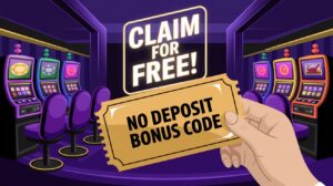 A creative illustration of a hand holding a "No Deposit Bonus Code" golden ticket in front of a casino entrance. Slot machines and poker tables in the background, with a bright "Claim for Free!" neon sign. The image should convey excitement and opportunity