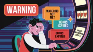 Common Mistakes to Avoid Image 💡 Prompt: "A humorous yet informative casino-themed warning image showing a player looking frustrated at a slot machine, with pop-up icons displaying ‘Wagering Not Met’, ‘Bonus Expired’, and ‘Invalid Withdrawal Request’. The background shows a digital casino floor with a mix of bright and dark lighting, emphasizing the importance of reading bonus terms carefully