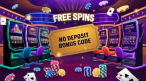 A vibrant and eye-catching casino-themed image featuring slot machines, poker chips, playing cards, and glowing "Free Spins" text. A golden ticket with "No Deposit Bonus Code" written on it should be prominently displayed, symbolizing free casino rewards. The background should have a luxurious casino atmosphere with neon lights and a celebratory feel.