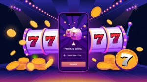 A casino bonus code entry screen on a mobile phone or desktop. The player enters a free spin code into a promo box while the background showcases slot reels spinning with bright casino lights.