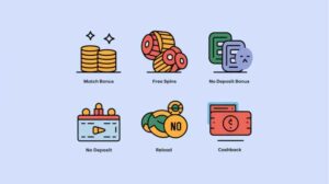 Icons of match bonus, free spins, reload, cashback
