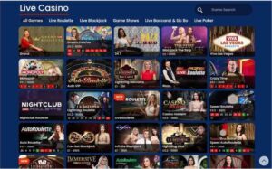 Live casino game lobby with roulette and blackjack