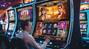 Man playing themed slot machine in casino