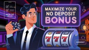 Man with slot machine and no deposit bonus sign
