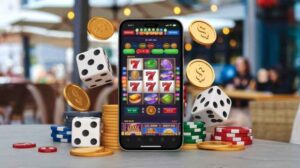Mobile slot game with coins and dice on table