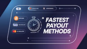 Fastest Payout Methods – A sleek, modern illustration of a casino withdrawal screen, featuring Bitcoin, Visa, MasterCard, and e-wallets as withdrawal options, with a stopwatch symbolizing fast payouts