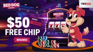 Red Dog Casino Bonus Image
💡 Prompt:
"An eye-catching Red Dog Casino promotional image featuring a virtual casino floor with a glowing slot machine, poker chips, and a ‘$50 Free Chip’ banner in bold text. A playful red dog mascot stands next to the machine, holding a bonus ticket with the code ‘BRAIN50’. Bright Vegas-style lights and a digital gaming environment add excitement to the image