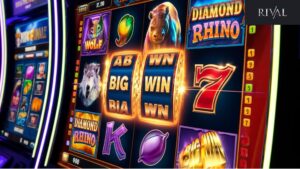 Best Rival Slot Games – A close-up of a slot machine screen showcasing popular Rival Gaming slot titles, such as Mystic Wolf, Diamond Rhino, and As The Reels Turn, with reels spinning and a 'Big Win' animation