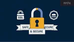 Safe & Secure Rival Casinos – A strong visual representation of online security, with a padlock, SSL encryption symbol, and eCOGRA certification badge, reinforcing the trustworthiness of Rival-powered casinos.