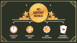 No Deposit Bonus Terms & Conditions (Illustration or Infographic)
Prompt:
"An illustrated breakdown of common terms and conditions for no deposit bonuses. Icons for wagering requirements, game restrictions, withdrawal limits, and expiration dates should be clearly represented. The design should be visually appealing yet informative, resembling a casino guidebook style."