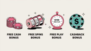 A visually engaging comparison chart displaying four types of no deposit bonuses: Free Cash Bonus (stack of casino chips with "$10 Free" text), Free Spins Bonus (slot reels spinning with "50 Free Spins" text), Free Play Bonus (a casino timer counting down with "$100 Free Play"), and Cashback Bonus (a money refund symbol with a casino chip)