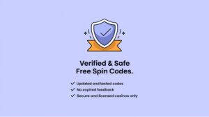 Why Trust BigRealBonus.com 🔍 A trust-building badge with a shield icon labeled "Verified & Safe Free Spin Codes." Below, a checklist highlights: ✔️ Updated and tested codes ✔️ No expired offers ✔️ Real player feedback ✔️ Secure and licensed casinos only