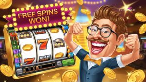 Winning Big with Free Spins Image
Prompt:
A happy casino player celebrating a big win on an online slot game, with ‘Free Spins Won!’ displayed on the screen. The image should have a lively, fun, and victorious feel, with bright casino lights and gold coin animations around the player