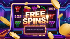  A vibrant casino slot machine with spinning reels displaying jackpot symbols (sevens, bars, cherries). A glowing "Free Spins" banner overlays the machine, with golden coins flying around. A promo box with the text "Claim Your Free Spins Now!" is displayed in the foreground. The background features a stylish, neon-lit casino atmosphere