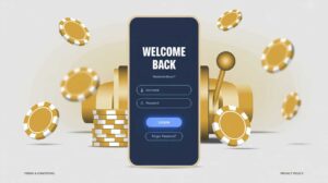 Casino login screen with gold chips and slots