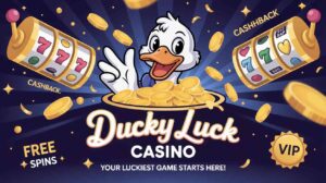 Ducky Luck Casino mascot with coins, slots, and VIP badge
