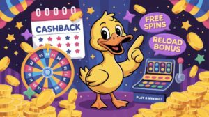 Duck pointing at cashback, free spins, reload bonus signs